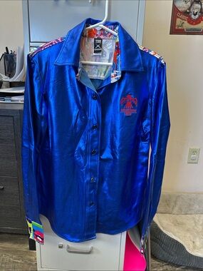 Thunderbird Blue Metallic Button-Up Shirt with Multicolor Trim